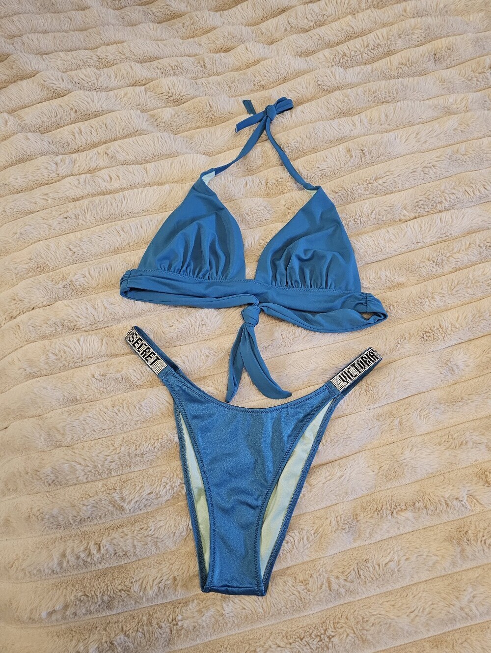 Victoria's Secret Light Blue Triangle Bikini Top with Pink Logo Print - Picture 2 of 5